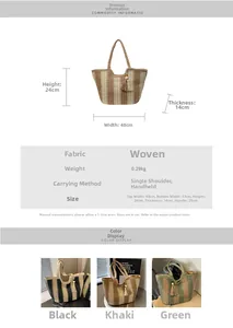 Detailed dimension guide for the woven straw tote bag in black, khaki, and green colors