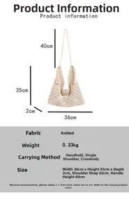 Detailed technical diagram of beige crochet tote bag showing size specs and knit texture