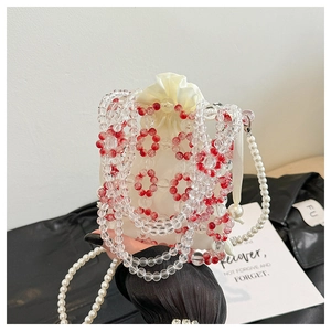 Handmade woven bead handbag with red floral pattern and pearl strap for stylish women