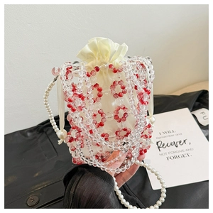 White satin bucket bag with handmade red beaded flower mesh and pearl strap