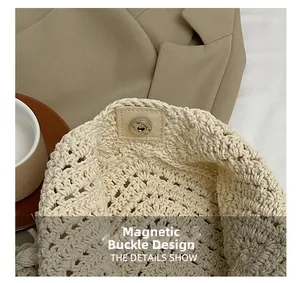 Detail of the magnetic closure on a beige knitted handbag with intricate woven textures