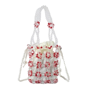 Handmade beaded bucket bag with red flower pattern and pearl crossbody strap