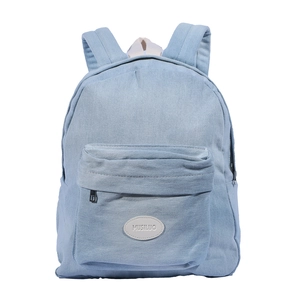 Minimalist light blue denim backpack with front pocket and Musiluo brand tag in studio shot