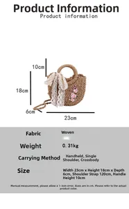 Détail du sac à main tressé kaki avec broderies florales, nœud en dentelle et dimensions