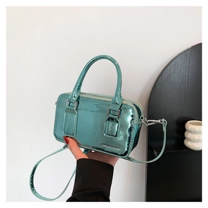 Women Metallic Mirror PU Leather Shoulder Bag Mini Boston Crossbody Bag With Top Handle Fashion Letter Print Daily Party Handbag