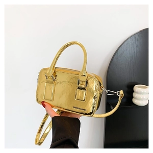Mini metallic gold PU leather Boston crossbody bag with top handle and mirror finish