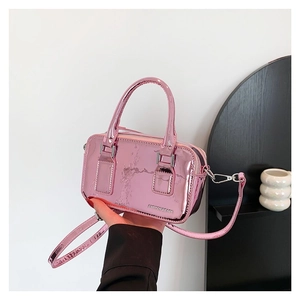 Pink metallic PU leather handbag with top handle and crossbody strap for women