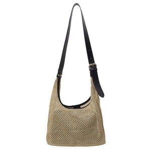 Borsa a tracolla minimalista in paglia intrecciata con cinturino in pelle nera