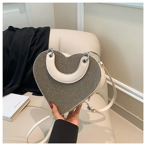Sac à Épaule en Forme de Cœur à Paillettes pour Femmes en Cuir PU à Strass Brillants Sac à Main avec Poignée en Métal Sac de Soirée