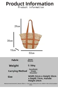 Detailed view of straw tote bag dimensions with brown leather straps and woven pattern