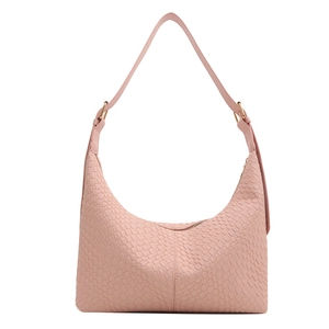 Pink PU leather woven texture underarm hobo bag with gold metal buckles and crossbody strap