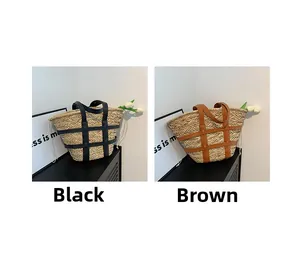 Macro shot of straw tote bags in black and brown with leather straps and drawstring closures