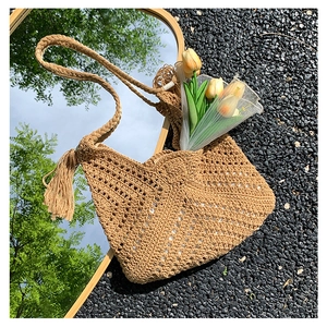 Women Knit Crochet Shoulder Bag Bohemian Hollow Out Handwoven Tote Bag With Tassels Casual Vacation Beach Crossbody Bag