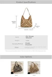 Detailed size specifications for woven straw tote bag with PU patchwork design