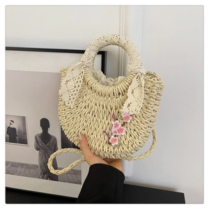 Sac à Main en Paille Tissée Femme Broderie Florale Dentelle Sac à Épaule Bandoulière Vacances Plage Été Cordon de Serrage