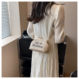 Détail du sac bandoulière tissé crème avec broderie et bandoulière en chaîne dorée