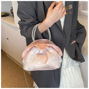 Pink satin crossbody bag with traditional Chinese embroidery and rhinestone ring handle