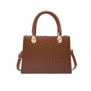Brown woven texture business handbag with gold hardware and top handle for women