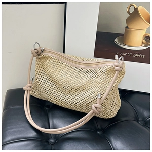 Beige woven straw crossbody bag with PU leather knotted strap and zipper closure