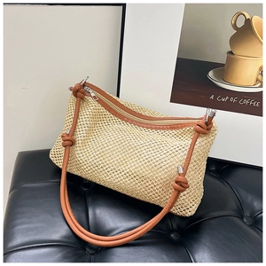 Minimalist beige woven PU leather crossbody bag with brown straps in a French vacation style