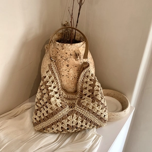 Bohemian Handwoven Straw Tote Bag For Women Summer Beach Vacation Contrast Color Crochet Shoulder Underarm Bag Large Capacity