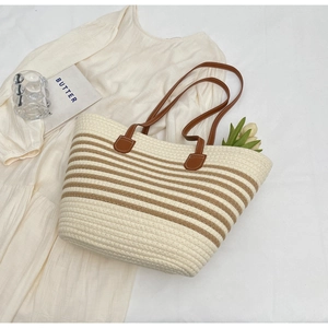 Women Large Capacity Striped Woven Rope Tote Bag Casual Vacation Beach Shoulder Bag With Brown Leather Straps Handbag