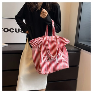 Detail of red and white striped canvas tote bag with carpe diem print worn by a model