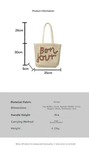 Detail view of woven shoulder bag with Bonjour text and size dimensions marked