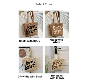Detailed grid view of woven tote bags featuring Bonjour lettering in four color variations
