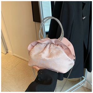 Women Vintage Chinese Style Jacquard Shoulder Bag Rhinestone Handle Ruffle Cloud Bag Elegant Evening Handbag With Chain Strap