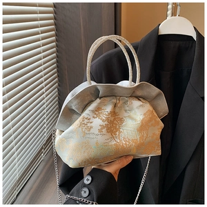 Chic vintage style satin crossbody bag with classical golden landscape embroidery and rhinestones