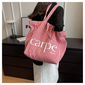 Detailed view of striped canvas tote bag with Carpe Diem text worn by a model