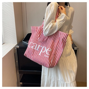 Detail of red and white striped canvas tote bag with carpe diem print shown in use