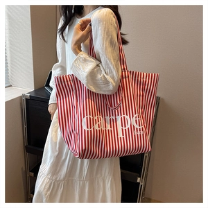 Detail of red and white striped canvas tote bag with carpe diem print worn by model