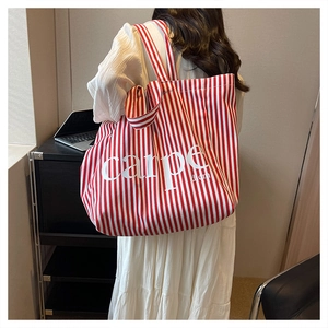 Detail of red and white striped canvas tote bag with carpe diem print shown on shoulder