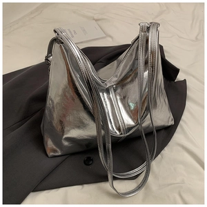Metallic silver PU leather shoulder bag with wrinkled mirror finish and double straps