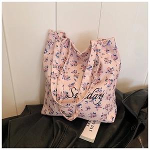Minimalist light pink floral canvas tote bag with Sunday lettering for casual daily use