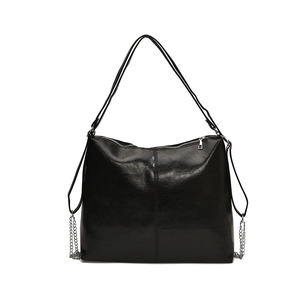 Minimalist black glossy PU leather hobo bag with vintage texture and silver chain