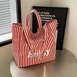 Women Large Capacity Canvas Tote Bag Vertical Stripe Enjoy Letter Print Handbag Simple Urban Style Daily Commuter Shoulder Bag