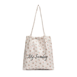 Floral canvas tote bag with My Sunday print, minimalist shoulder bag for women