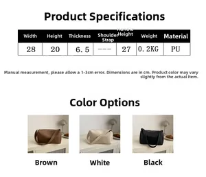 Detailed size specifications for minimalist PU leather shoulder bag in three colors