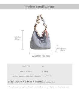 Detailed size chart and technical specifications of light gray cloud texture PU leather tote