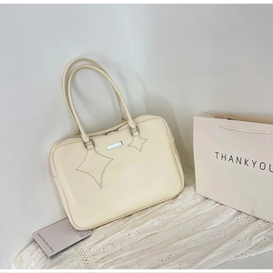 Minimalist cream white PU leather shoulder tote bag with star stitching and metal plaque