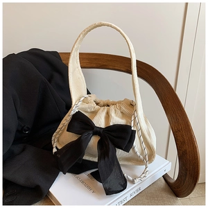 Women Sweet Corduroy Shoulder Handbag Large Bow Decoration Drawstring Closure Vintage Casual Underarm Bag Korean Fashion Purse