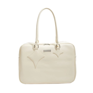 Cream white minimalist PU leather tote bag featuring unique star patches and metal plaque