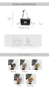 Mini PU leather crossbody bag dimensions and colors chart showing size 12x8x5cm