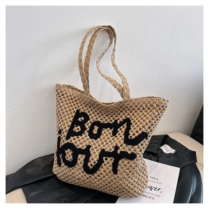 French Style Woven Straw Tote Bag For Women Large Capacity Bonjour Embroidery Summer Beach Shoulder Bag Vacation Handbag