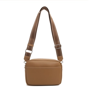 Minimalist brown PU leather crossbody camera bag with wide striped shoulder strap and silver hardware