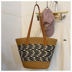 Large Capacity Straw Woven Tote Bag With Synthetic Leather Strap Casual Summer Beach Striped Handbag Vacation Women Purse