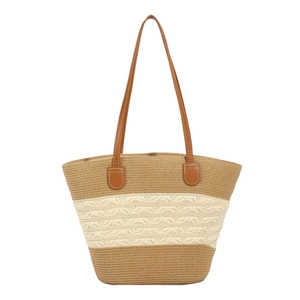 Brown and cream woven tote bag with faux leather straps for summer casual use